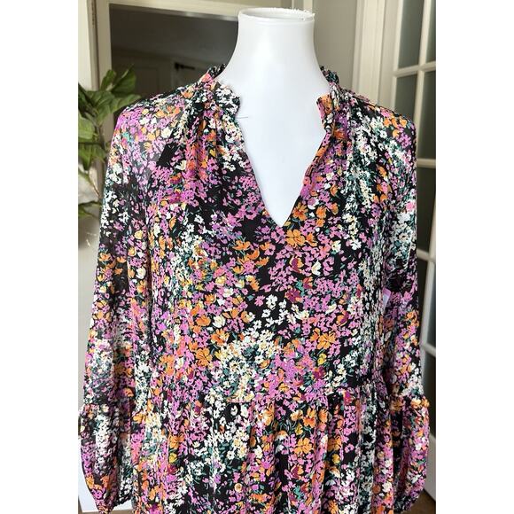 Vince Camuto V-neck Floral Tiered Ruffle Chiffon Mini Dress Women's Medium New - Picture 2 of 6